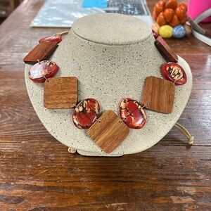 Tagua Red Bead and Diamond Wood Necklace